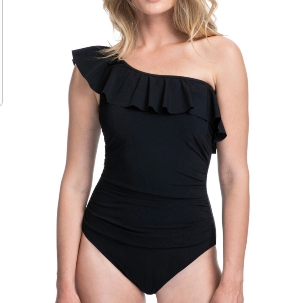 Gottex tutti frutti one shoulder ruffle one piece swimsuit, size 12, nwt